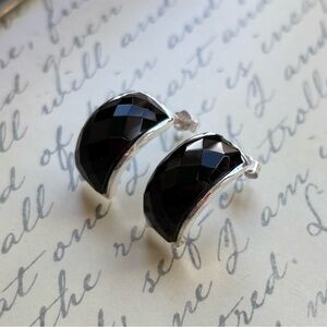 Faceted Black Onyx Half Hoop Sterling Silver Stud Earrings